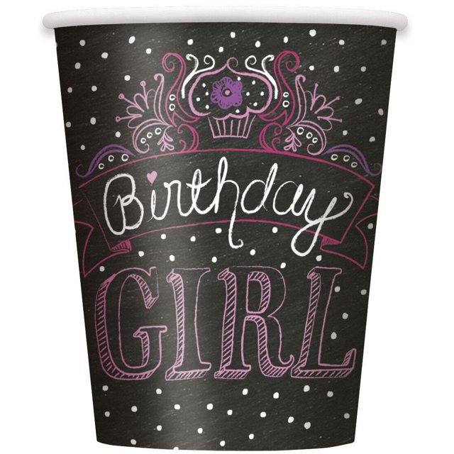 Unique Party - Vaso para Fiesta Birthday Girl de Papel - Pack de 8 (Negro, Blanco, Rosa)