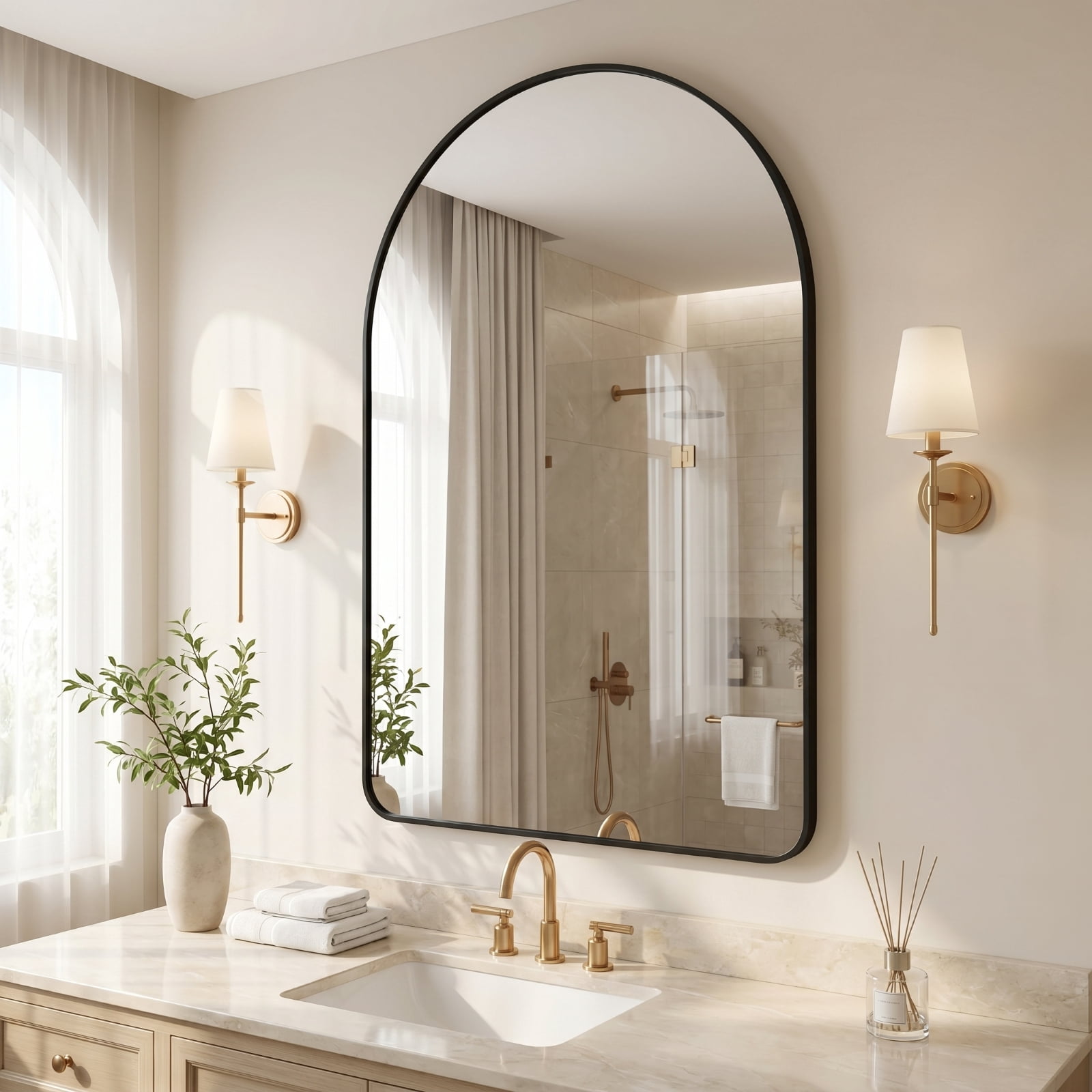 Gleamira 30"x48" Arched Bathroom Wall Mirror Rounded Corner Vanity Mirror with Metal Frame, Black