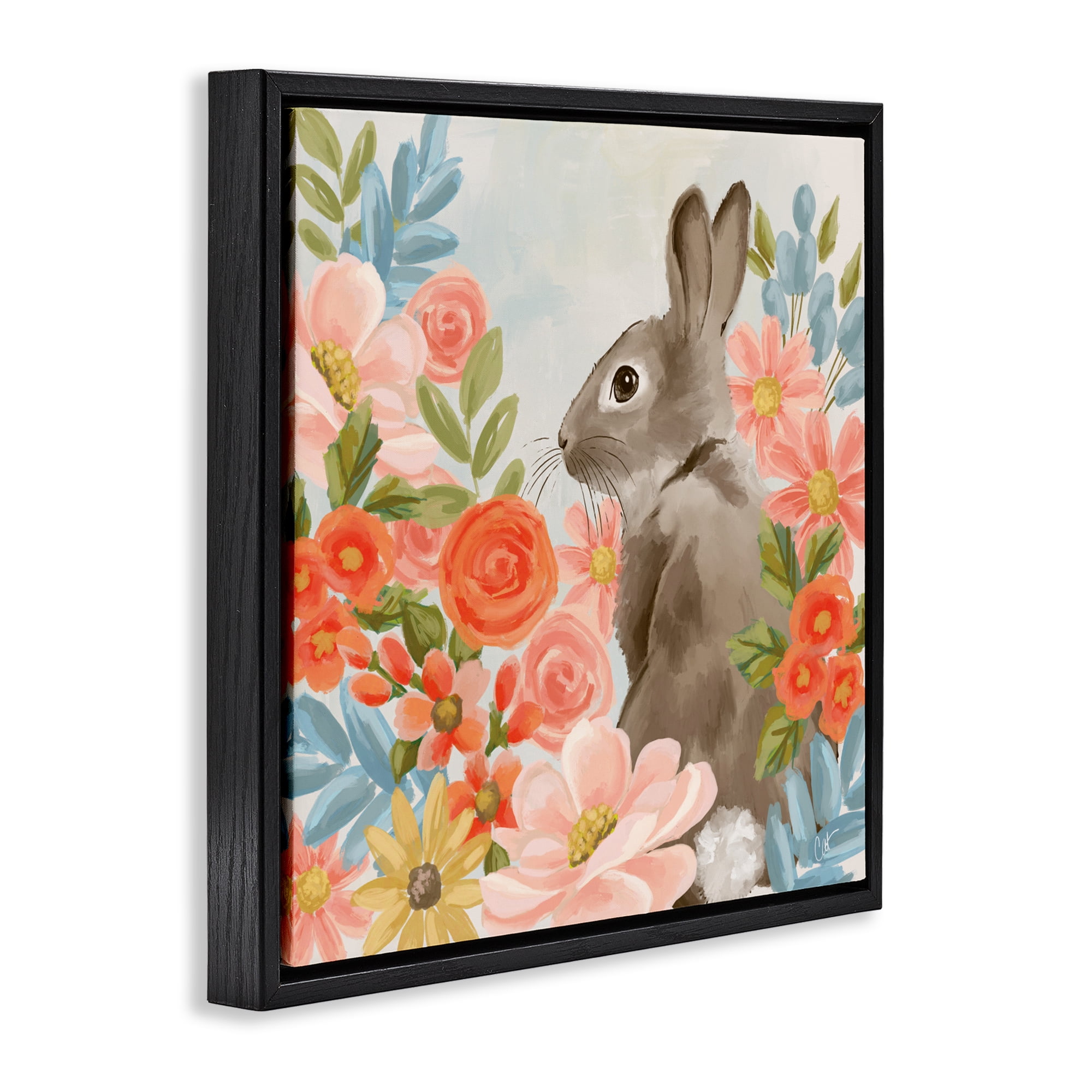 Stupell Industries Bunny In The Blooms Black Framed Floater Canvas Wall Art, design by Cat Thurman Designs
