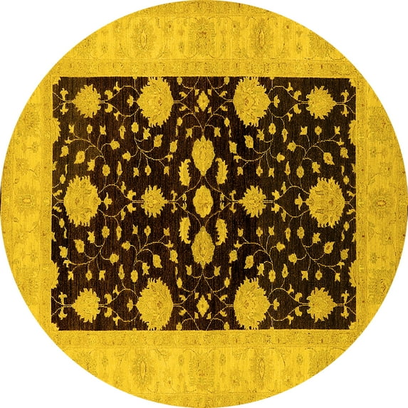 Ahgly Company Machine Washable Indoor Round Oriental Yellow Traditional Area Rugs, 3' Round
