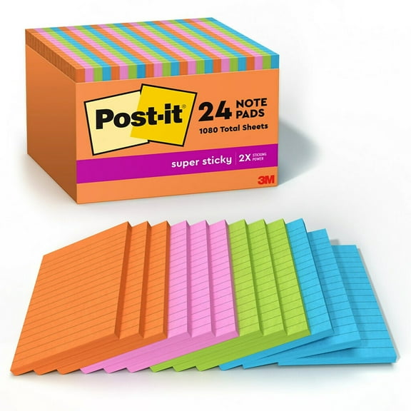Post-it®, MMM66024SSAUCP, Super Sticky Notes - Energy Boost Color Collection, 24 / Pack, Vital Orange,Tropical Pink,Blue Paradise,Limeade