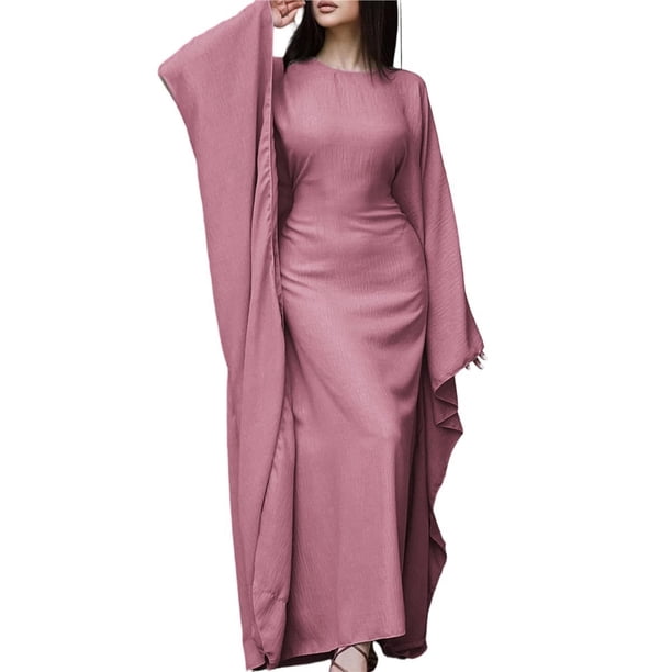 Vestido Islámico Elegante de Color Liso con Mangas Murciélago para Mujer. Rosa XL