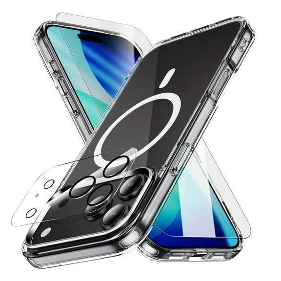 Dteck Magnetic Clear Case for iPhone 17 Pro,Shockproof TPU PC Case with Temerped Glass Screen Protector & Camera Lens Protector Compatible with Mag Safe Anti-Yellowing Cover,Clear