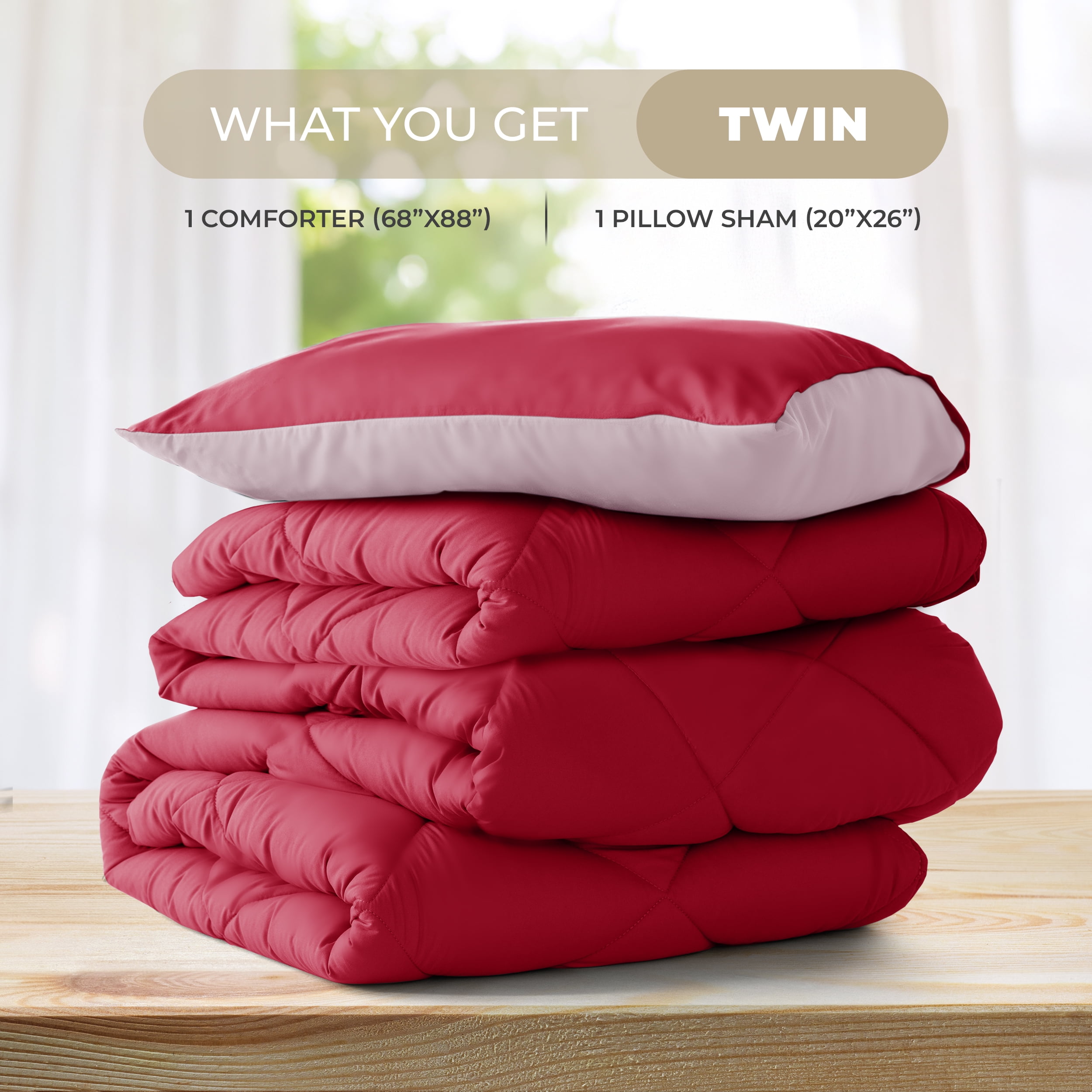 Lux Decor All-Season Comforter Sets Twin 2 PC, Reversible Bedding Set with Diamond Quilted Design Comforter and 1 Pillow Sham, Lightweight & Cozy Set de Cama Burgundy/Pink