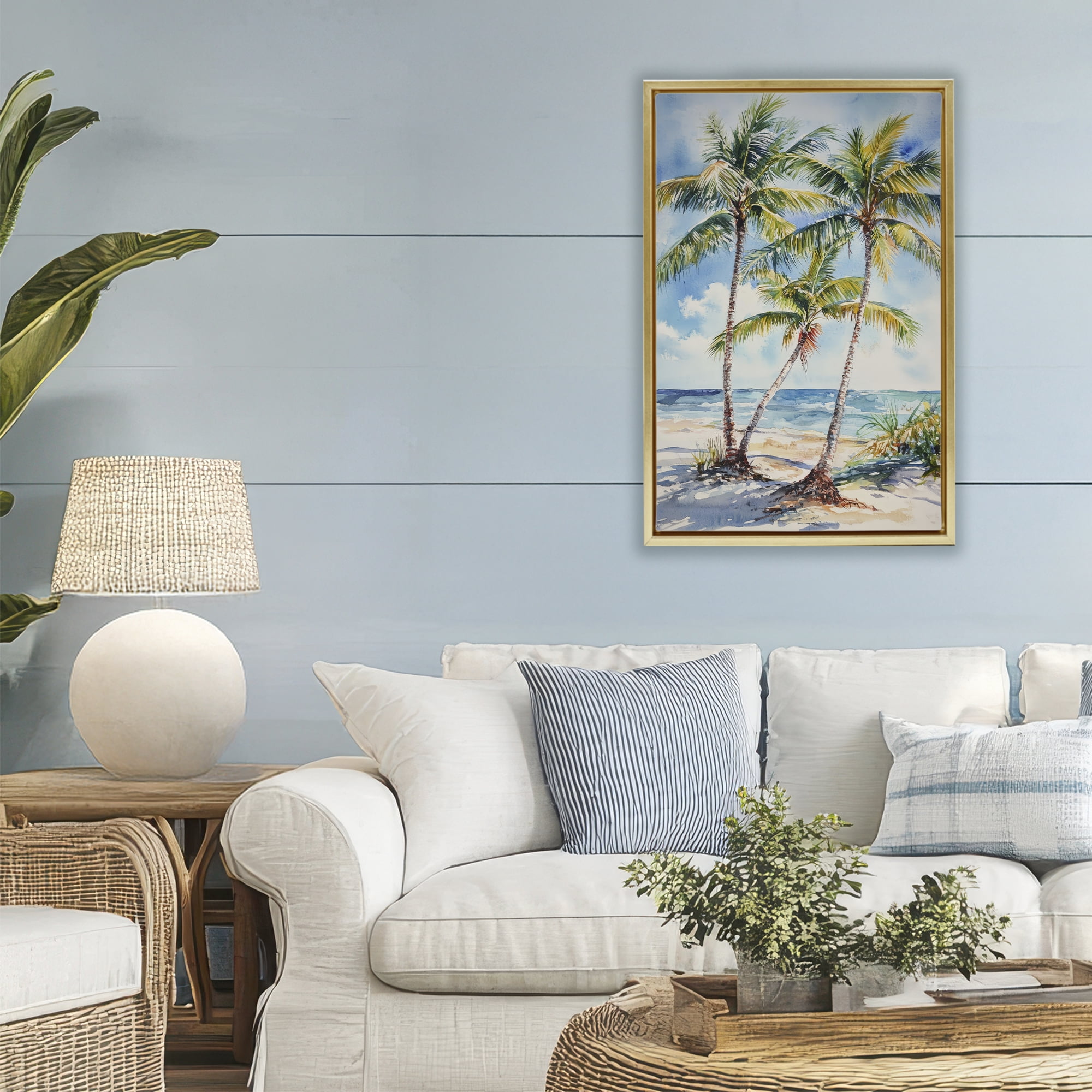 Stupell Industries Windy Palm Trees on Shore Gold Framed Floater Canvas Wall Art, design by Petal Prints Design