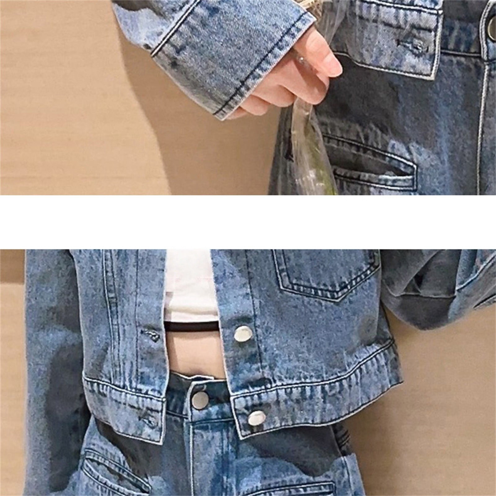 EnJoCho Teen Girls Crop Denim Jacket Solid Lapel Button Down Long Sleeve Windproof Casual Coat Pockets Outerwear Jean Jacket