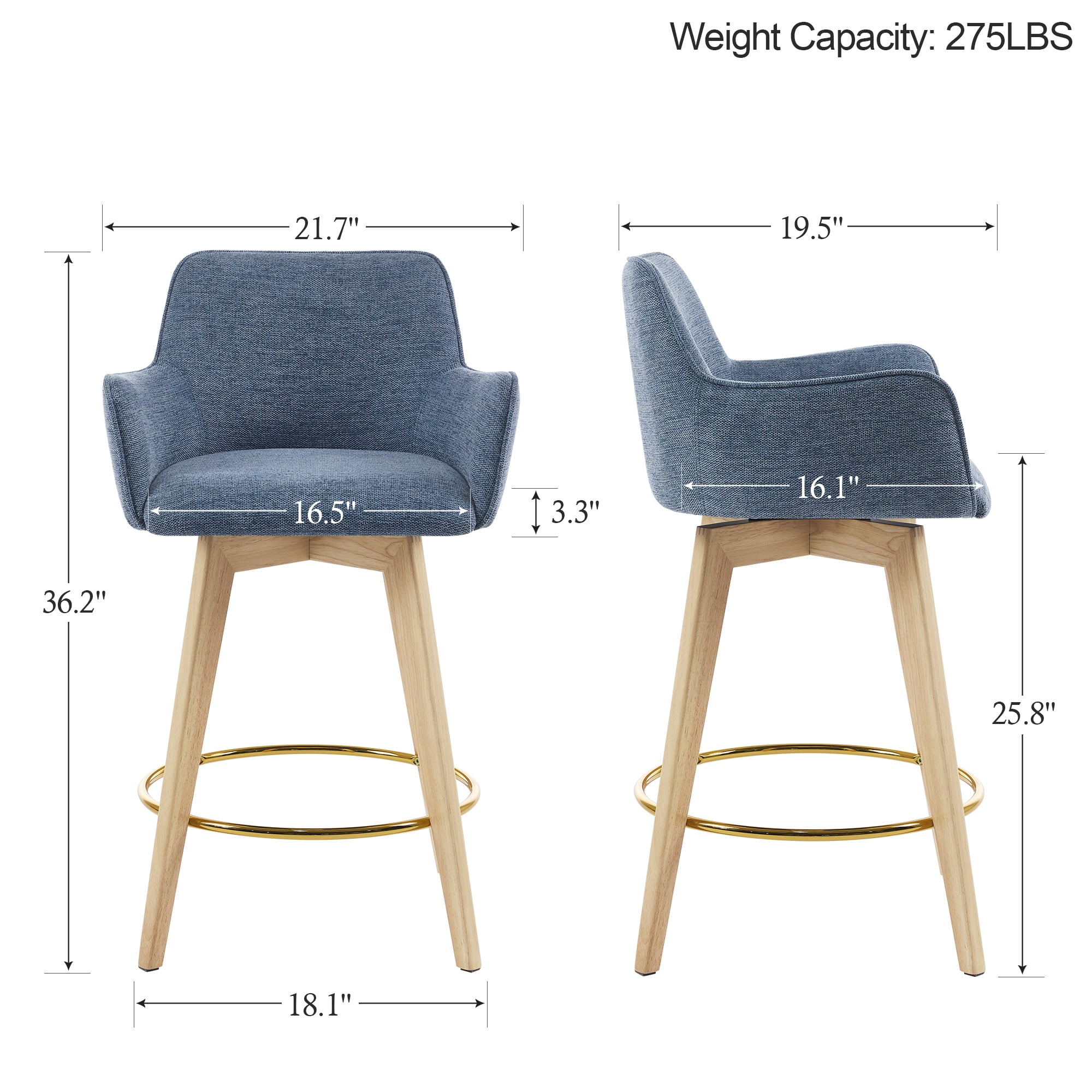 Zesthouse 25.8" Modern Bar Stools Counter Height, Swivel Single Bar Stool for Kitchen Island, Upholstered Linen Barstools with Barrel Back, Arms and Solid Wood Legs, Blue