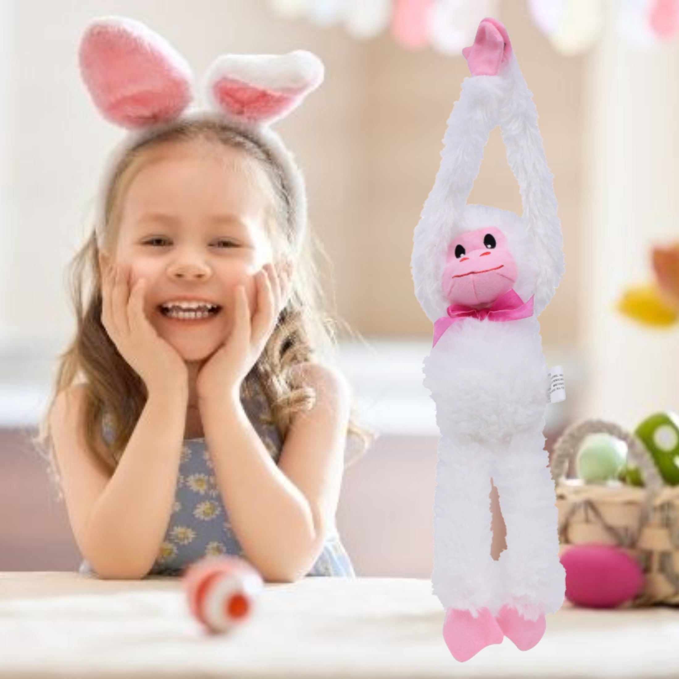 Happy Easter Plush Hanging Monkey 13.5in, Animal Soft Plushie Spring Birthday Party Favor & Gifts Home Living Room Car Decor Set of 3 (Pink, Red, White) CUSTOM Storage Carrier