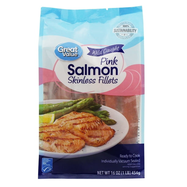 Great Value Frozen Wild Caught Pink Skinless Salmon Fillets, 1 lb