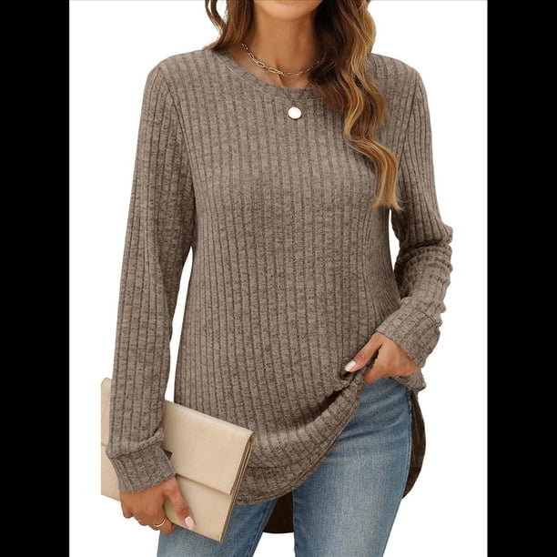Suéteres de Moda para Mujer, Tops de Larga, Ropa de Otoño, Camisetas y Blusas de Moda. Color Café XL