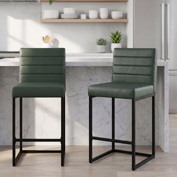 LUFTUT Set of 2 Counter Height Bar Stools, 25.6" Faux Leather Upholstered Kitchen Island Chairs with Backs, Metal Frame Bar Chairs for Dining Room Home Bar，Green