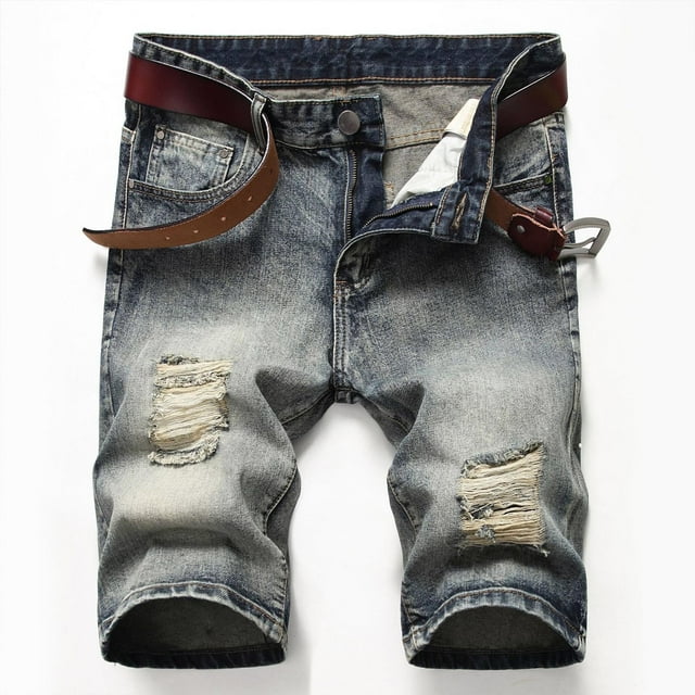 Meichang Mens Jean Shorts Big and Tall Ripped Distressed Denim Trunks Vintage Washed Denim Shorts Slim Fit Stretchy Straight Leg Jean Trunks