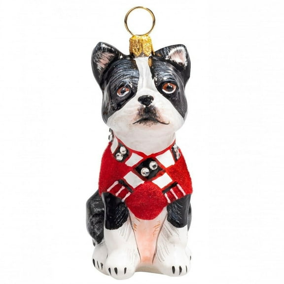 Boston Terrier in Red Coat and Scarf Polish Glass Christmas Ornament