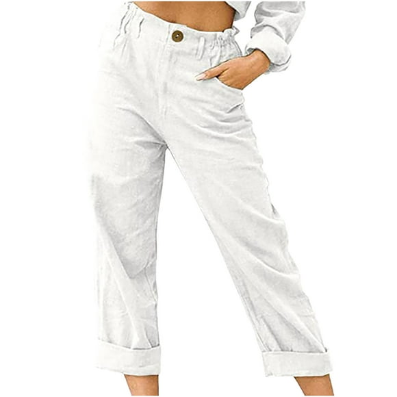 Women Cotton Linen Pants Casual Comfy Button Elastic Waist Beach Trousers Loose Straight Leg Crop Pants with Pockets