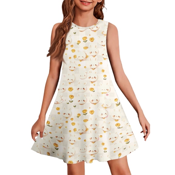 YOUYEDIAN Easter Sleeveless Sundresses Girls Summer Crewneck A-Line Dresses Teen Casual Print Princess Dress (Beige, 13-14 Years)