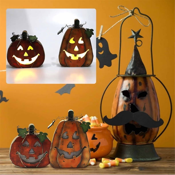 Fiudx Juego de Faroles de Halloween, Luces de Madera Tallada, Luz Led Amarilla Cálida, Decoración para Fiestas, Decoración Acogedora para El Hogar, para Halloween o Navidad, Funciona con Pilas, Juego