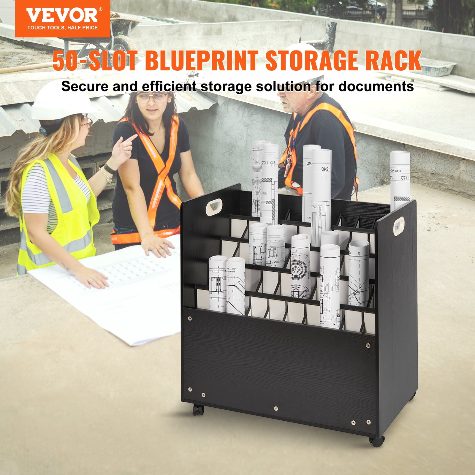 VEVOR Blueprint Storage Rack, 50 Slots Mobile Blueprint Storage Cabinet,Wooden Roll File Organizer Cart for Construction Plan Map Poster Architectural, Blueprint File Holder for Home, Office, School
