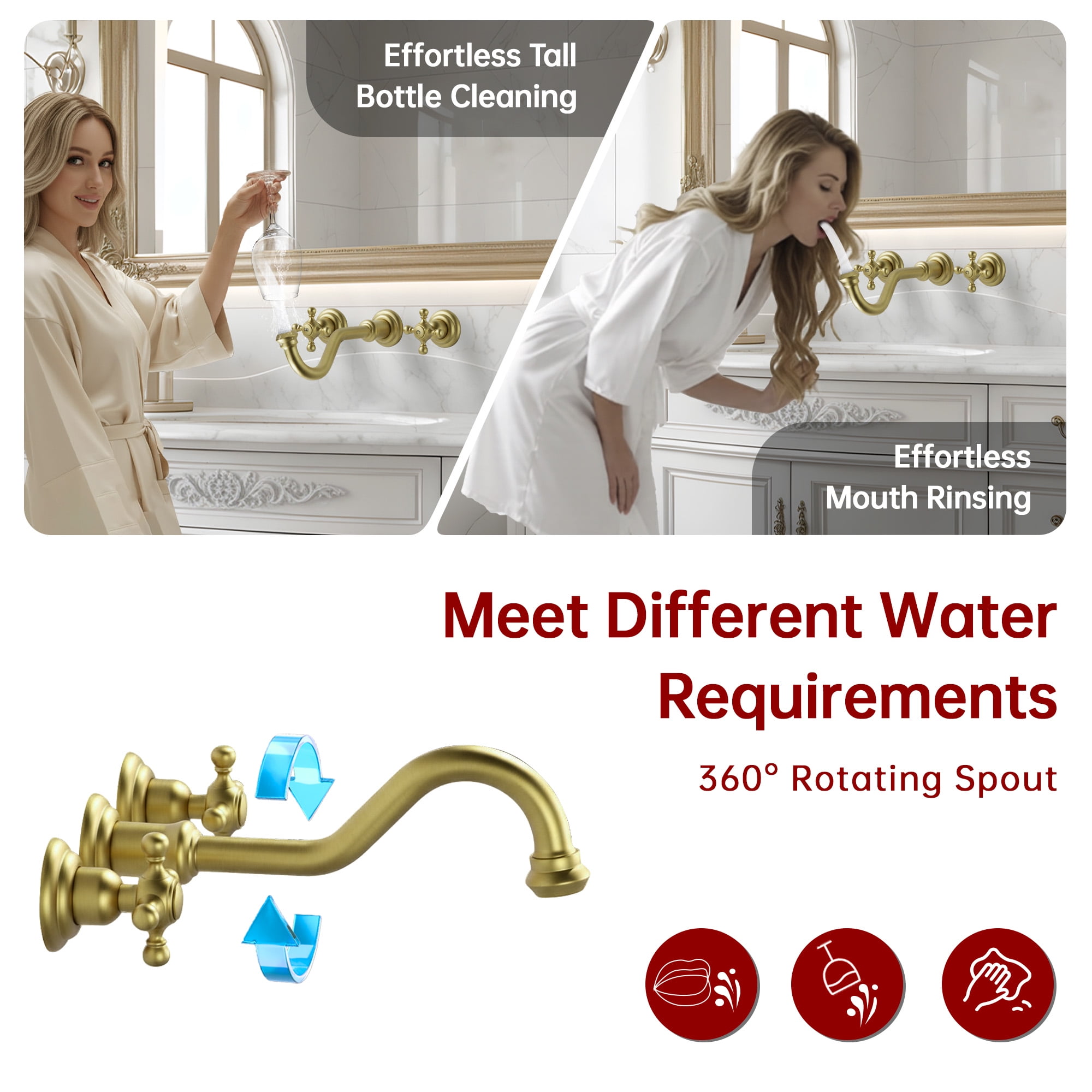 SUMERAIN 3 Holes Wall Mount Basin Faucet,Vintage Cross Handles Brushed Gold Lavatory Bathroom Vessel Sink Faucet Includes Rough-in Valve