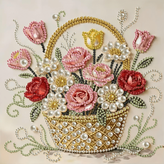 Flowers Basket Diamond Art Pearl Painting Kits for Adult, 5D DIY Diamond Painting Kits, Special Shaped Pearl Rhinestone Pearl Gem Art for Home Wall Decor 12x12in