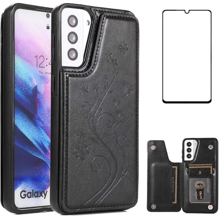 Asuwish Compatible with Samsung Galaxy S21 Plus S21+ 5G Wallet Phone Case Tempered Glass Screen Protector and Flower PU Leather Card Holder Stand Cell Cover for S21+5G S21plus 21S + S 21 21+ G5 Black
