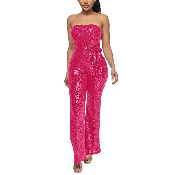 HJYCHN Elegant Women's Sleeveless Strapless Sequined Jumpsuit for Evening Party and with Comfortable Stretch Fit and Fashionable Design Hot Pink L