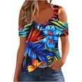thumbnail image 2 of Xdegoge Tees for Women V Neck Cold Shoulder Tropical Leaf Floral Regular Fit Tops O Ring Short Sleeve Blouses Summer Beach Vacation Outfits, 2 of 5