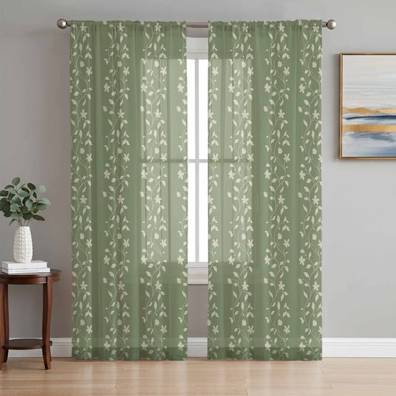 Sage Green Floral Sheer Curtains 96 Inch Length 2 Panels Set - Light Filtering Window Treatments, Spring Flowers Rod Pocket Semi Curtains for Living Room/Bedroom/Kitchen Décor, 104"W x 96"L