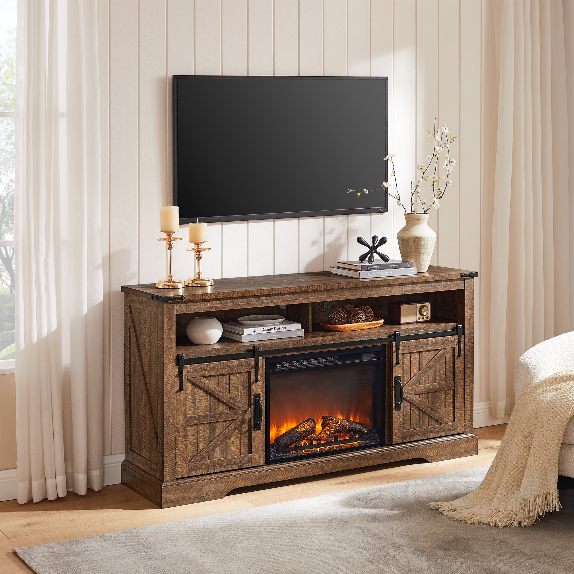 KeyWhat Farmhouse Fireplace TV Stand for TVs up to 70", 24" Electric Fireplace & Barn Door
