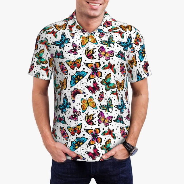 Lsque Colorful Flying Butterflies Pattern Golf Shirts for Men Dry Fit Print Moisture Wicking Performance Short Sleeve Polo Shirt-4X-Large