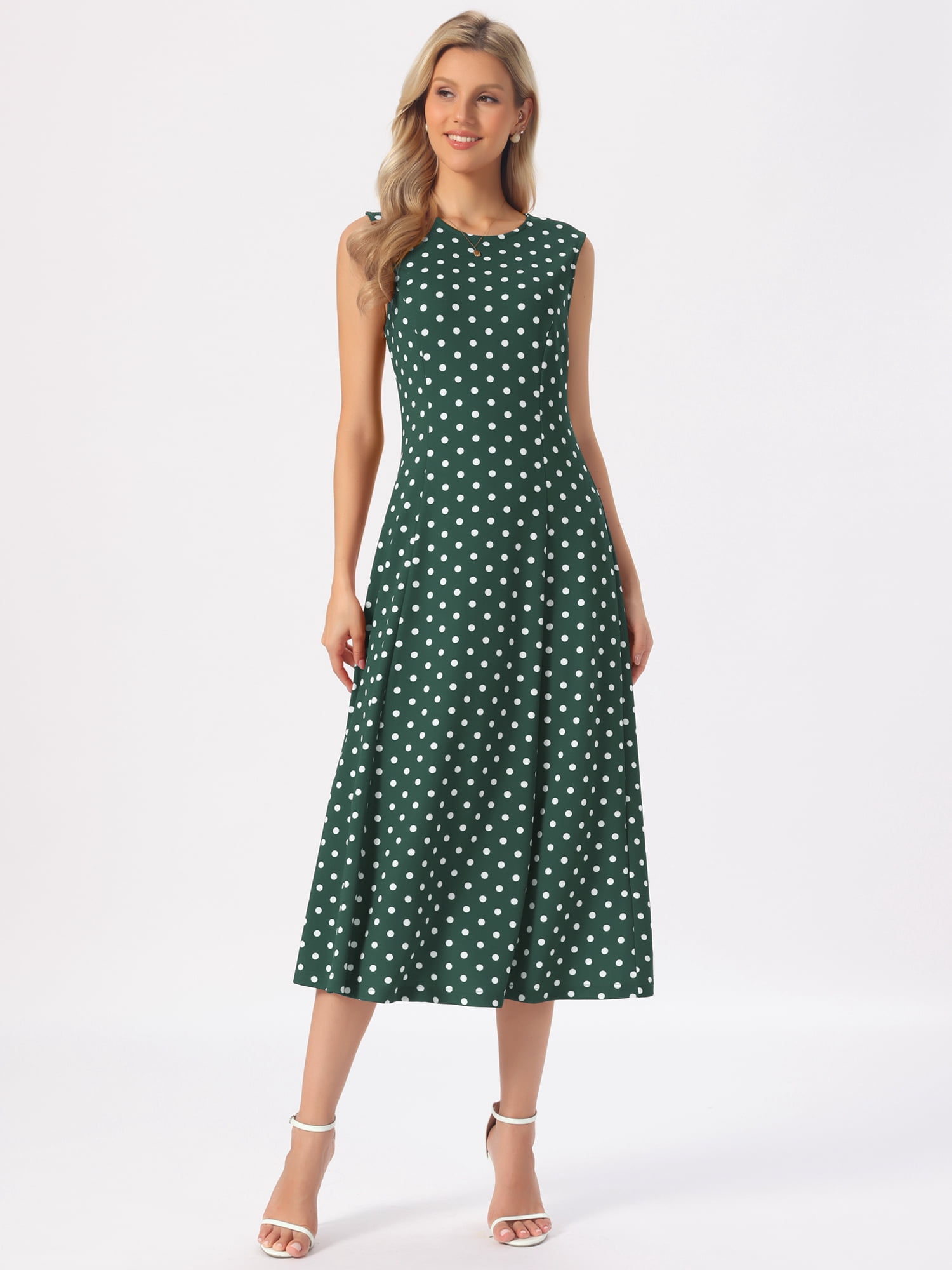 DARING DIVA Women's Polka Dots Sleeveless Vintage Crewneck Midi Dress M Dark Green