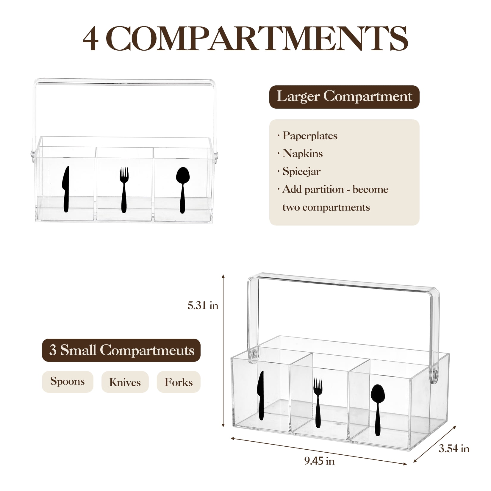 Clear Acrylic Utensil Organizer with Handle, 4 Compartments Cutlery Holder for Forks, Spoons, Knives, Cups & Napkins, Portable Kitchen & Party Caddy, 9.45 x 3.54 x 5.31 inch