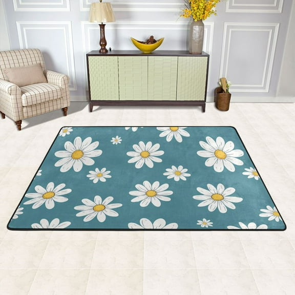 Daisies Floral Flowers Area Rug Washable 72 x 48 Floor Carpet Mat Non Slip for Bedroom Living Room Kids Room Home Decor