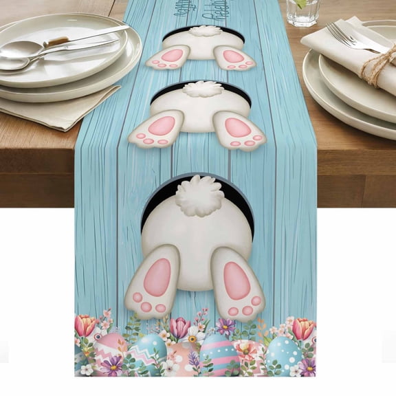 Easter Bunny Table Runner - 48 Inch Long, Kitchen Dining Table Runner Dresser Scarves, Colorful Eggs Cute Rabbit Blue Country Wooden Farmhouse Decor for Coffee Tables Wedding Party Banquet