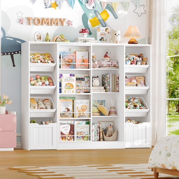 Hiphuta Large Kid Toy Storage Organize with Sliding Bookshelf, Kid Bookcase with 2 Drawers, Toy Storage Toy Organize for Kid Bedroom Playroom, White