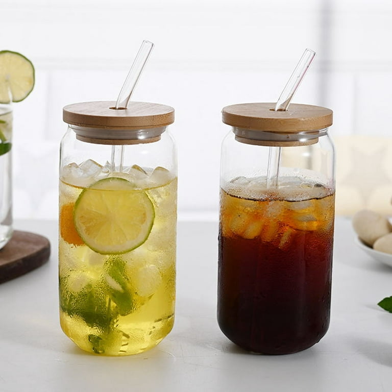 Glass Straw Cup with Bamboo Lid, Cola Shape Cup, 470ml 