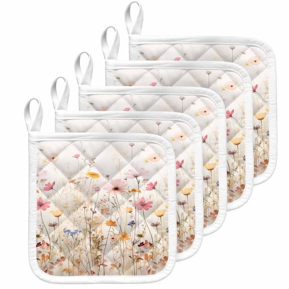Spring Floral Pot Holders for Kitchen Heatproof Potholder, 5 Pack Pastoral Botanical Summer Flowers Vintage Hot Pads Multipurpose Oven Pads Cloth Potholders Trivet for Cooking Baking
