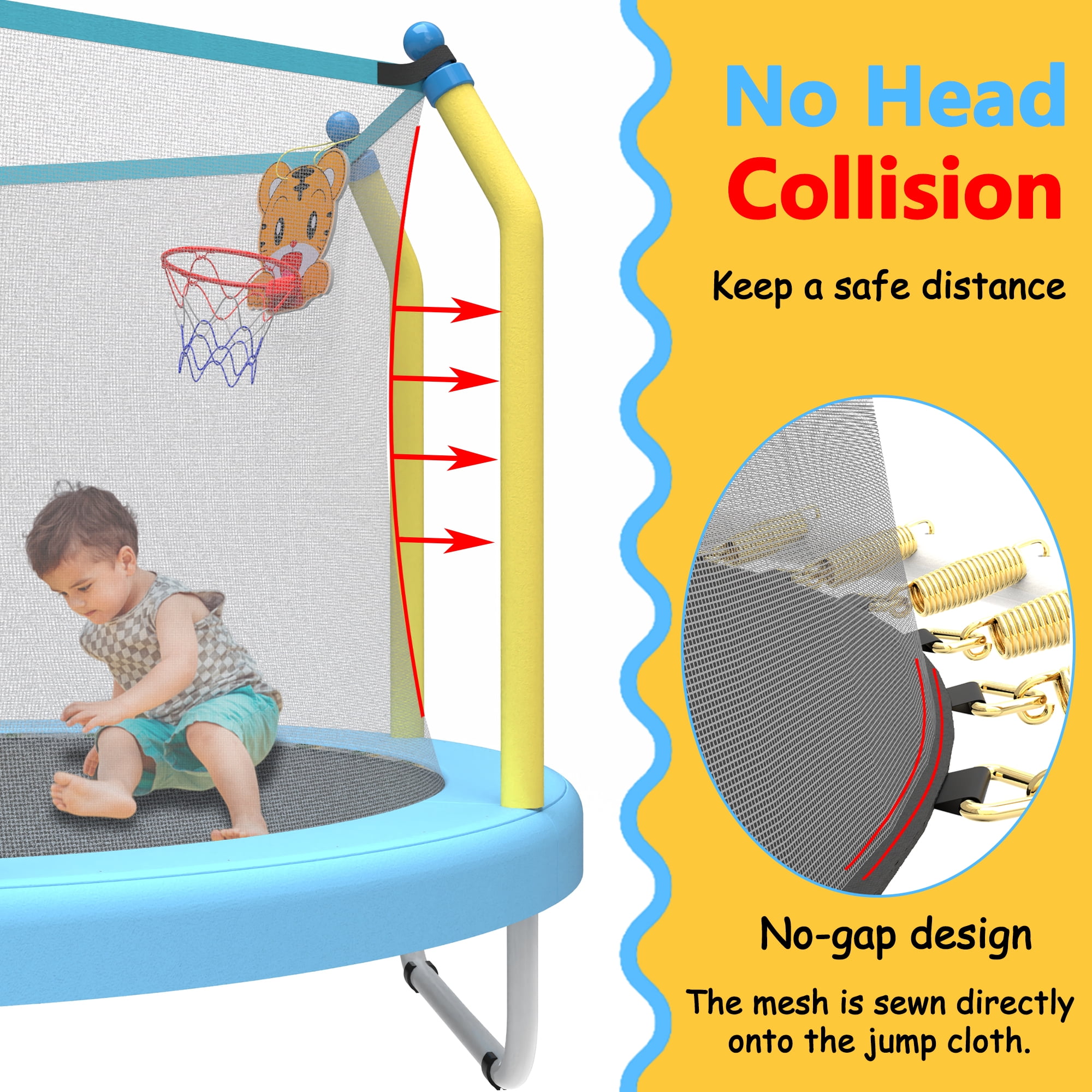 55 Inch Kids Trampoline with Basketball Hoop, Blue & Yellow Toddler Trampoline, Indoor Outdoor Play Trampoline