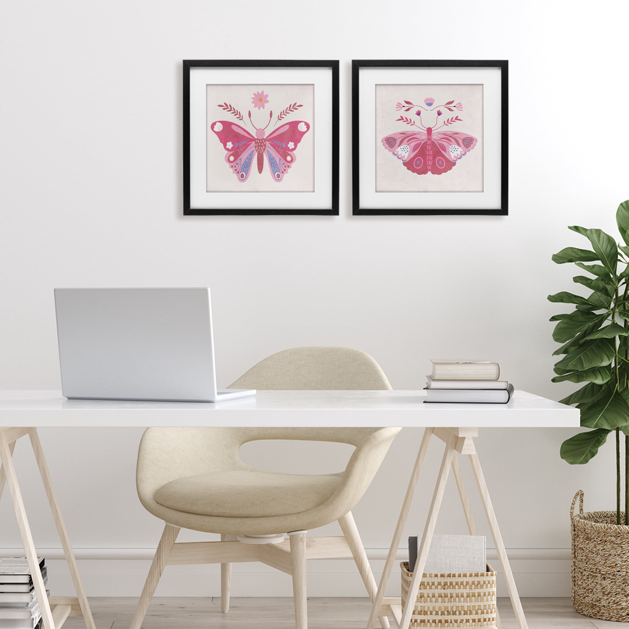 Stupell Industries Pink Folk Butterflies 2 Piece Black Framed Print Under Glass Set, design by Kim Allen
