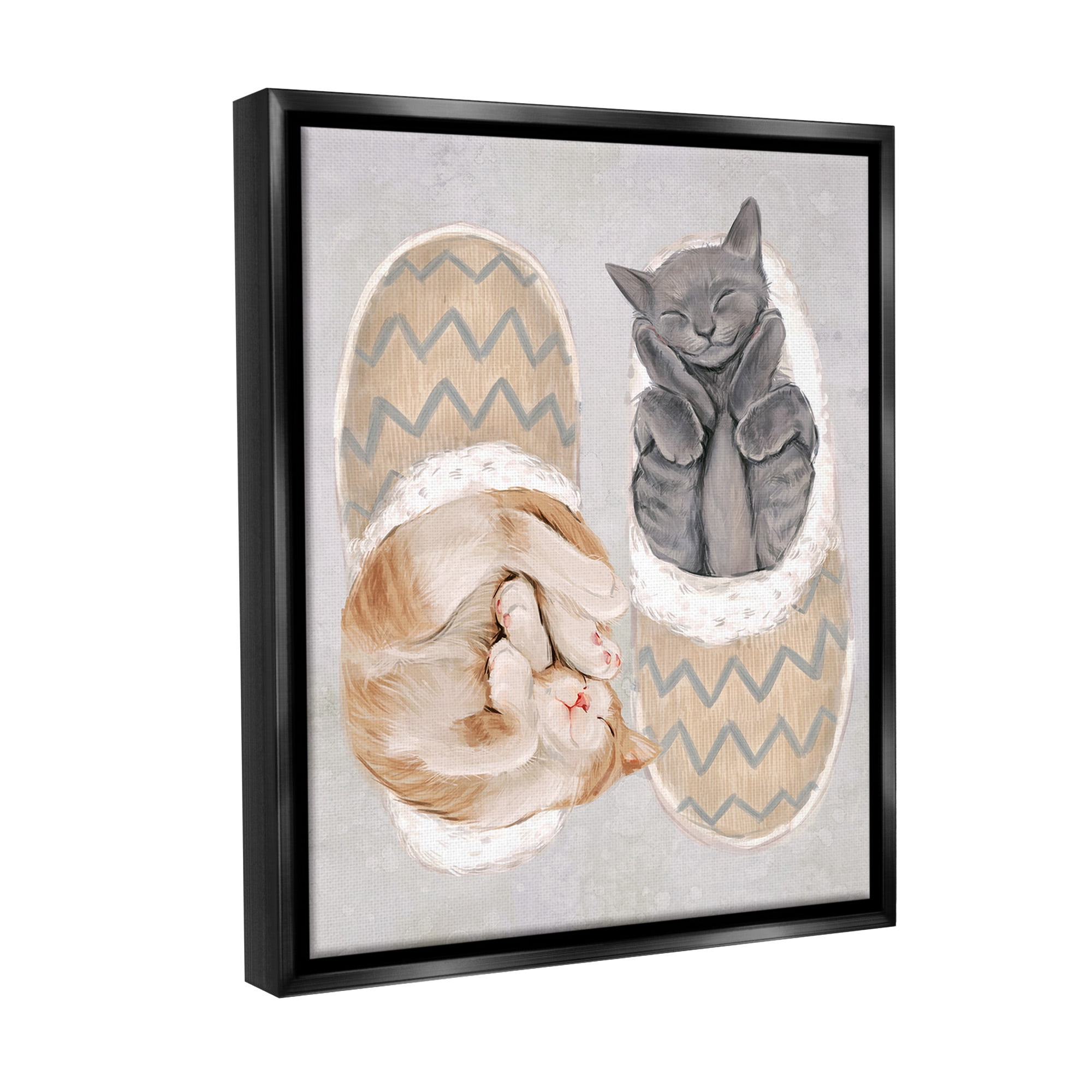 Stupell Industries Kittens In Slippers Animals & Insects Painting Black Floater Framed Canvas Art Print Wall Art, 25 x 31