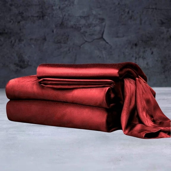 Mulberry Silk Satin Sheet Set - 4 Pc (1 Flat Sheet, 1 Fitted Sheet, 2 Pillowcases) - Smooth Bedding for Queen/King Bed - Wrinkle-Resistant, 15" Deep Pockets, Breathable & Cooling.(Burgundy,FULL)