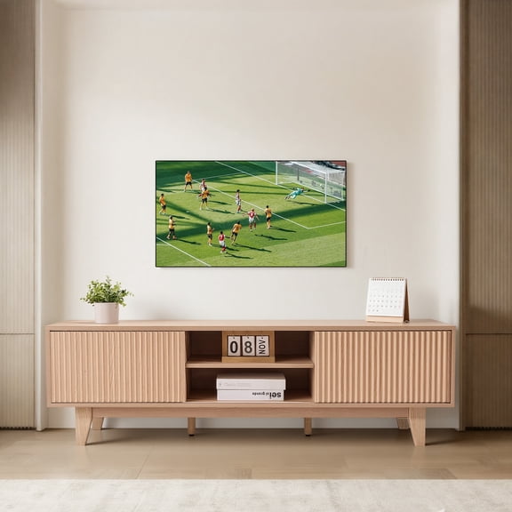 KFFKFF 59" TV Stand for TVs up to 65 inches, Entertainment Center with 350 lbs Capacity, Adjustable Shelves and Sliding Door, Natural Wood Finish