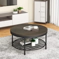 thumbnail image 4 of Round Coffee Table, Rustic Wood Surface Top & Sturdy Metal Legs Industrial Sofa Table for Living Room Natural End Table Modern Design Home Furniture with Storage Open Shelf(Dark Grey Brown), 4 of 7