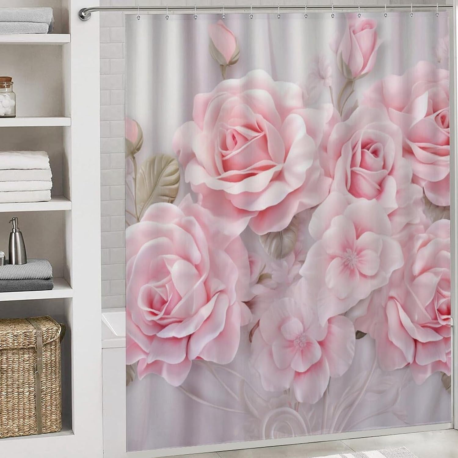 Pink Romantic Roses Shower Curtain 4 Piece Sets with Non-Slip Rugs,Toilet Lid Cover and Bath Mat Modern Flower Plants Floral Waterproof Shower Curtain with 12 Hooks Bathroom Set Home Decor