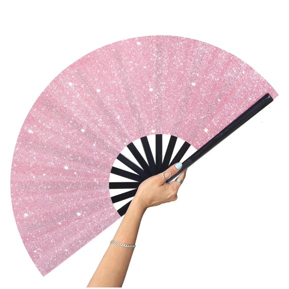 Abanico plegable GeGeya de 33 cm para bailar en línea con purpurina rosa
