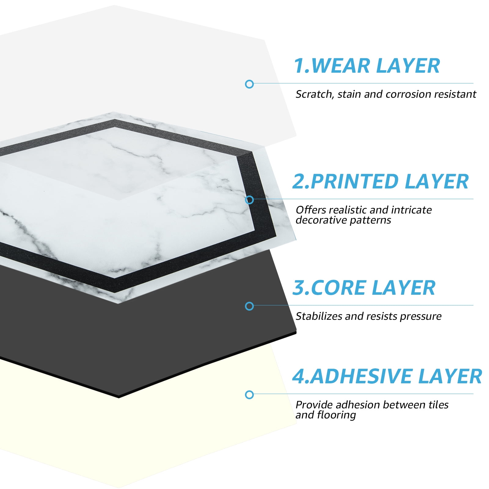 Art3d 30-Pack 11.8" x 10.2" White Marble Hexagon Peel and Stick Flooring Tile, Self Adhesive Waterproof Vinyl Floor Tile