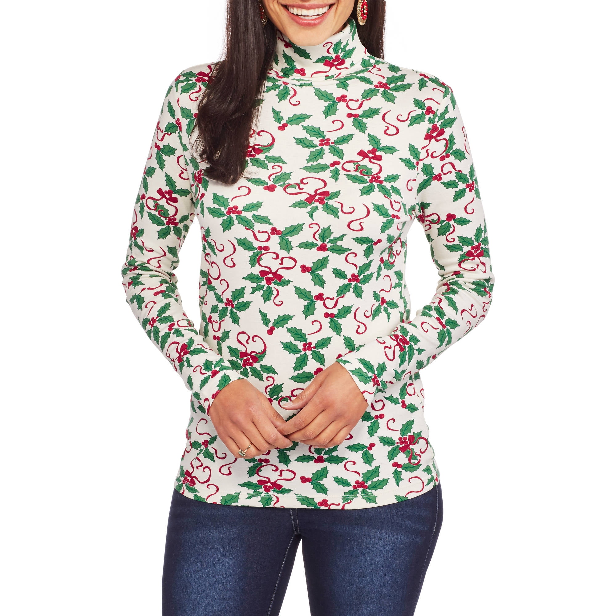 Women's Long Sleeve Festive Christmas Turtleneck T-Shirt - Walmart.com