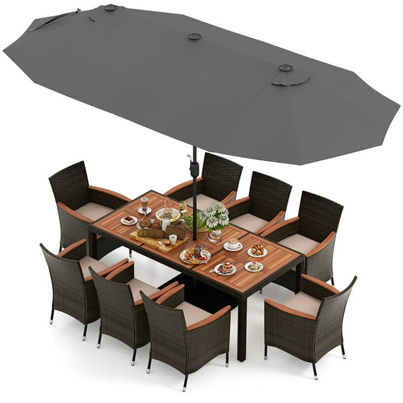 Gymax 9 Piece Patio Wicker Dining Set w/ Double-Sided Patio Grey Umbrella Stackable Chairs