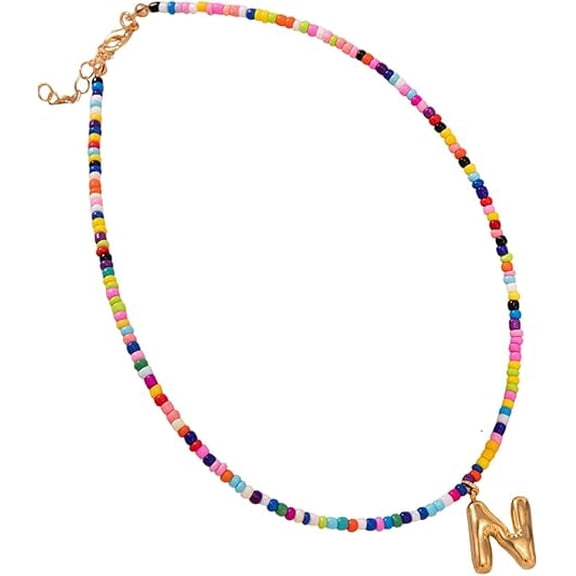 Handmade Colorful Initial Beaded Necklace for Women, Gold Bubble Letter Pendant Bohemian Jewelry, Seed Bead Choker for Summer Beach & Vacation (K)