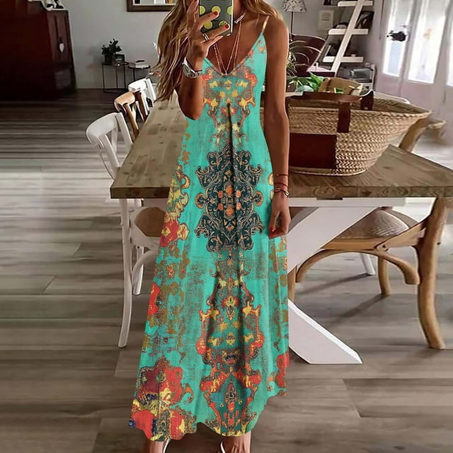 LVHAOGJOB Longue Spaghetti Robe pour Femmes à Bretelles Robe d'Été Tendance Sans Manches Maxi Grande Taille T-Shirts Imprimés Robe Soleil