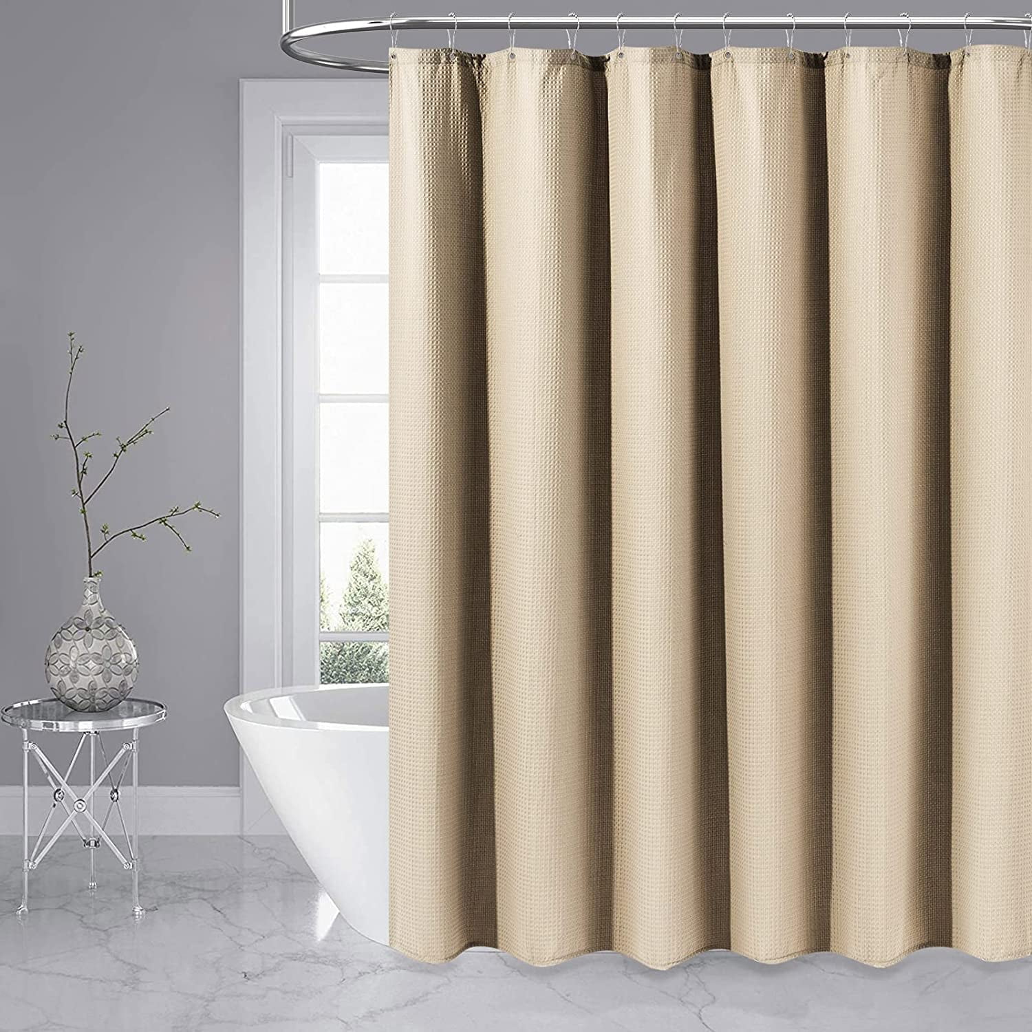CAILDANL Green Shower Curtain - Waffle Textured Heavy Duty Thick Fabric Shower Curtains for Bathroom, 256GSM Luxury Weighted Polyester Cloth Bath Curtain Set with 12 Plastic Hooks，72Wx72H,Green